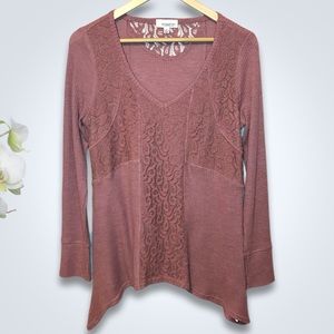 Symmetry Long Sleeve V-Neck Stretch Lace Floral Top Size Medium Rose Pink